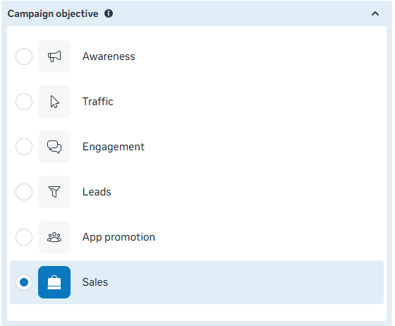 Ads Manager campaign creation screen showing Sales and Leads objective options.