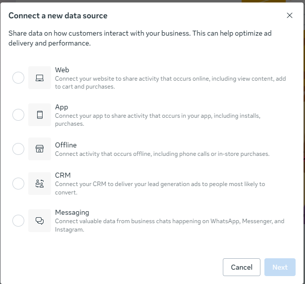 Meta Events Manager Connect Data Sources screen showing the Web option selected.