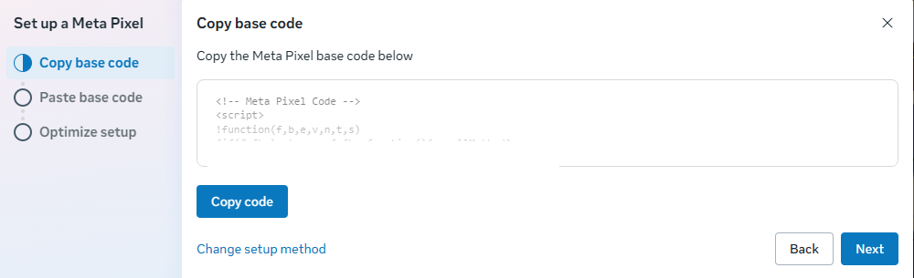 Meta Pixel base code snippet in Events Manager ready to copy for manual installation.