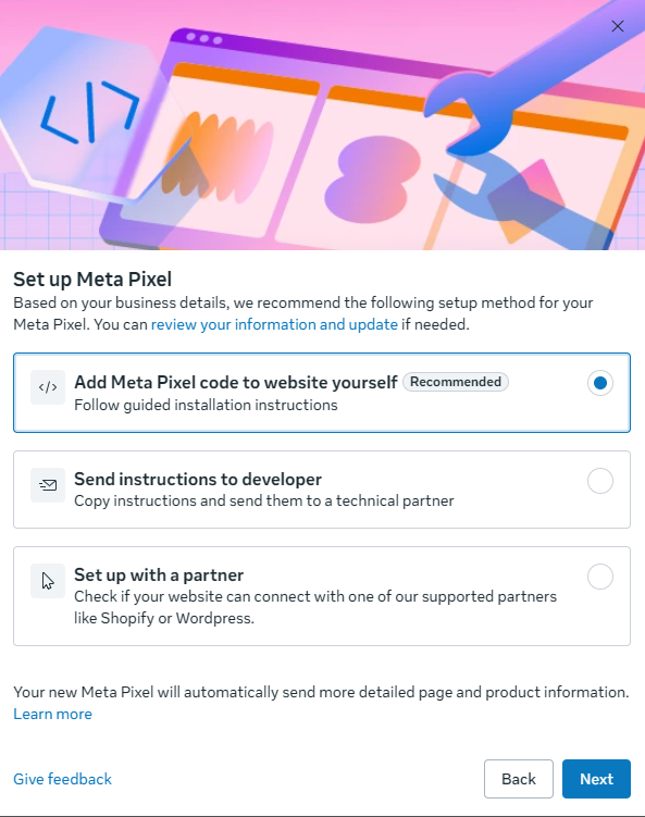 Meta Events Manager screen showing installation method options: Use a partner integration or Install code manually.