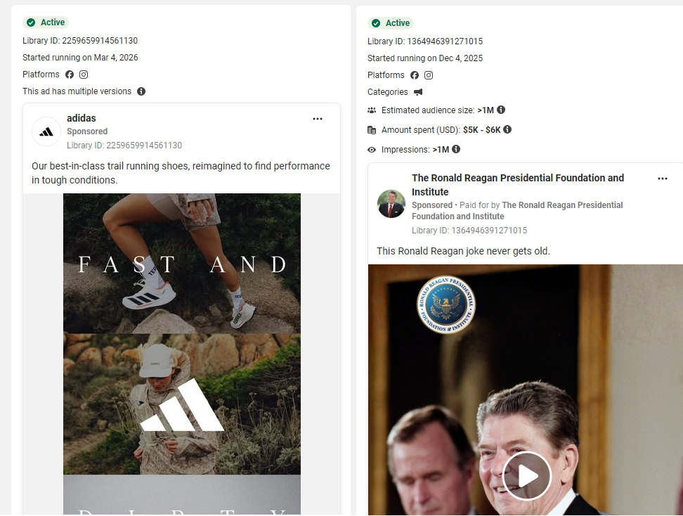 Meta Ad Library commercial ad view showing creative and dates but no targeting or performance data
