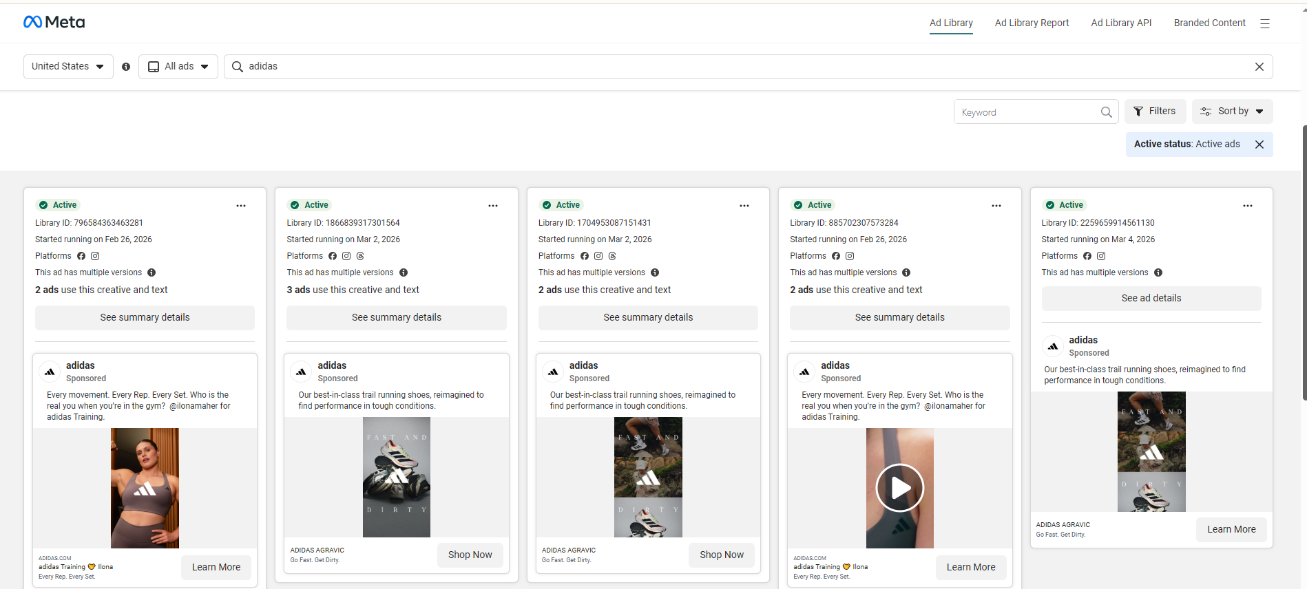 Meta Ad Library search interface with country selector and active ads filters