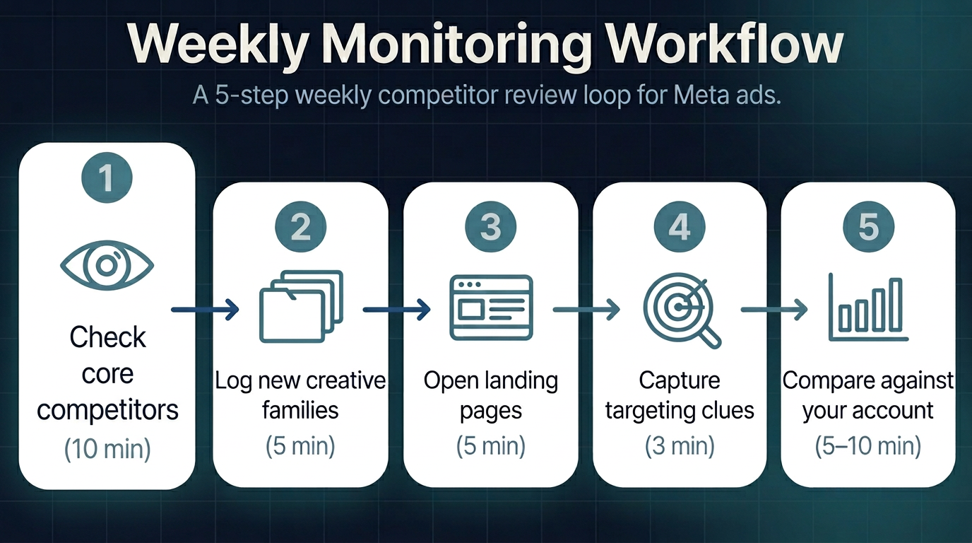 Weekly Meta Ad Library monitoring workflow: check competitors, log creative families, review landing pages, capture targeting clues, compare against your account