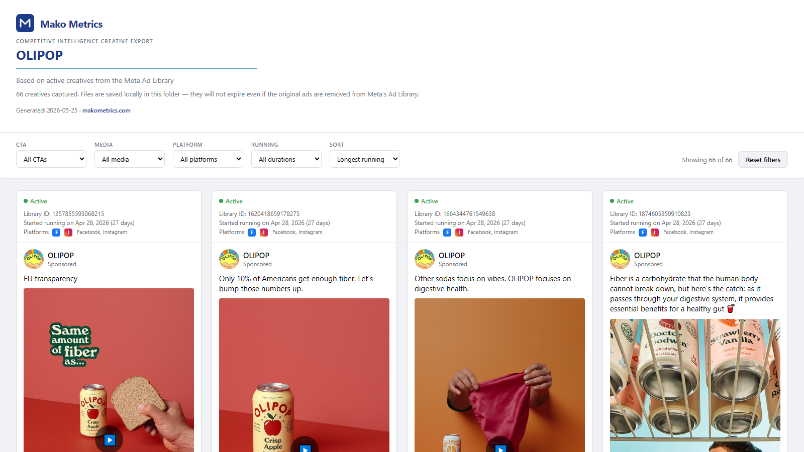 OLIPOP ads catalog filtered to video creatives, longest-running first, showing fiber and gut-health hooks