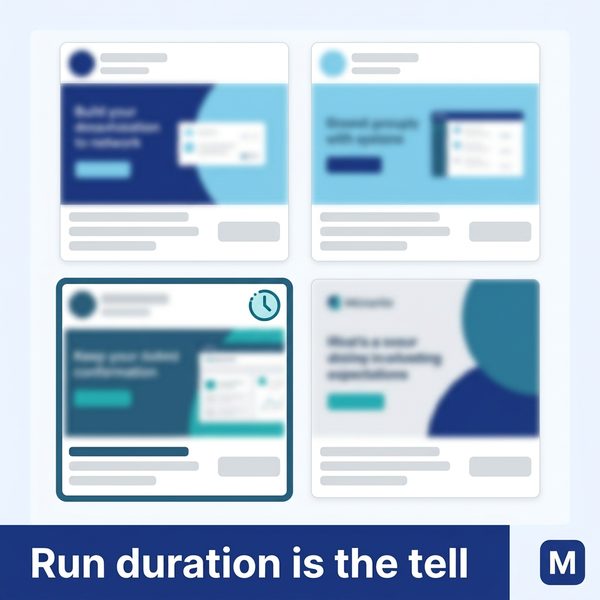 Ad concept built by May: a grid of competitor ads under the headline Run duration is the tell