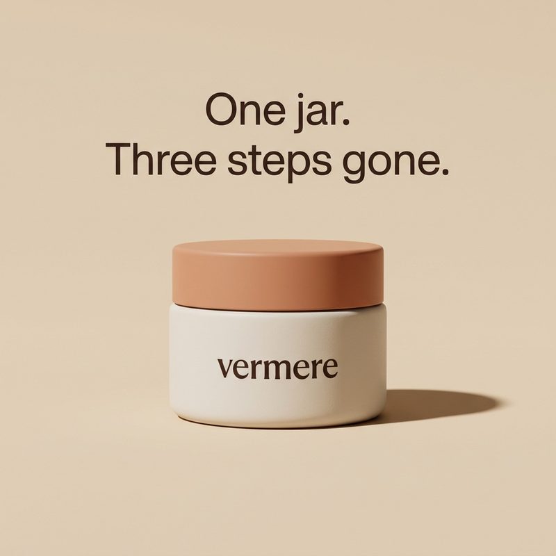 Generated Meta ad: product jar on a sand background, headline One jar. Three steps gone.